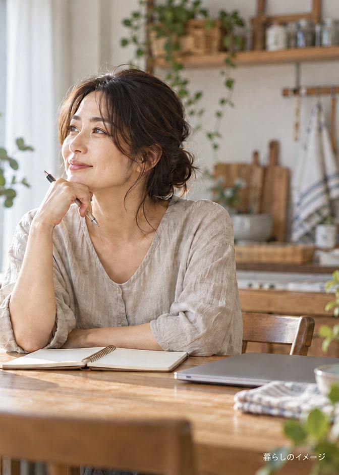 自然光の入るキッチンで暮らしについて考える女性のイメージ